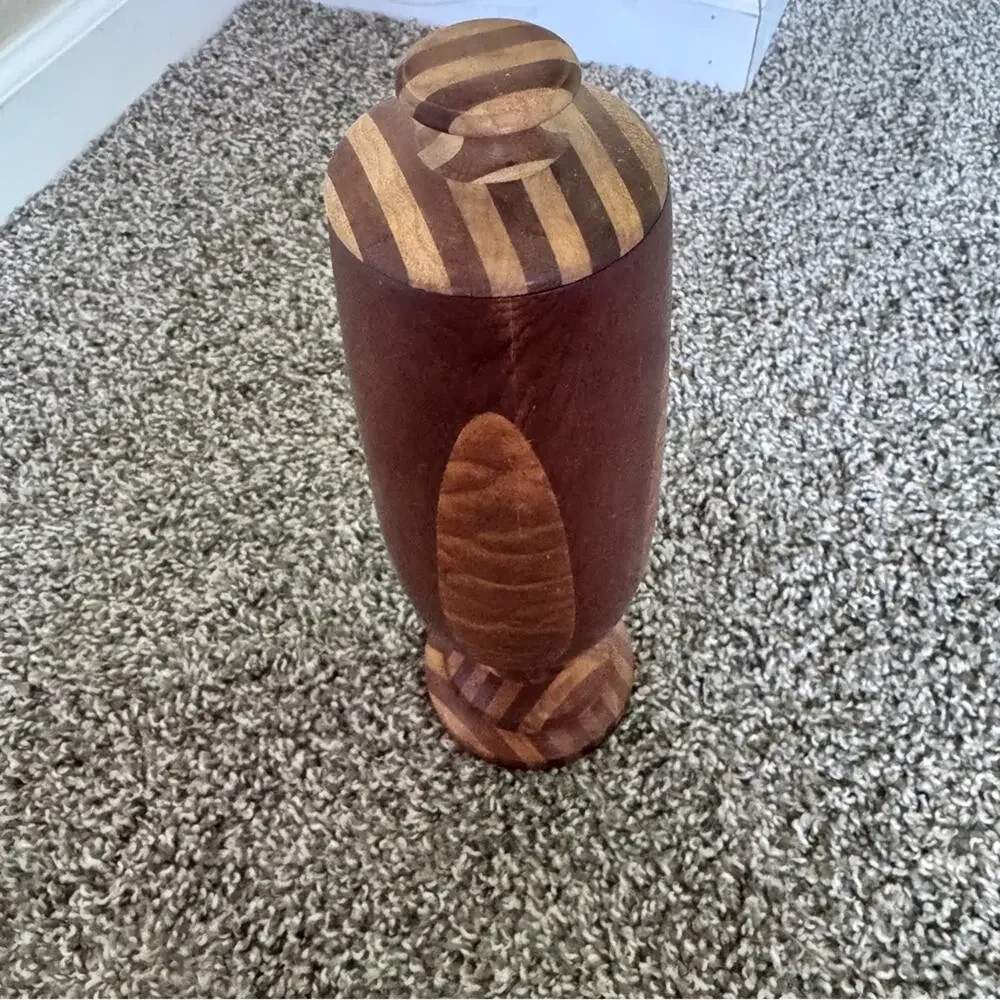 Vintage 1940s Wood Inlay Lidded Vase Artist Signed Unique MCM Home Decor